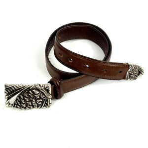 Vtg Leather Belt Silvertone 3D Pinecone Statement Buckle XS Heritage Western